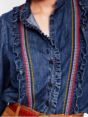 Boden Isla Denim FrillRuffle Button Up Shirt Multicolor Trim Boho Western Rodeo